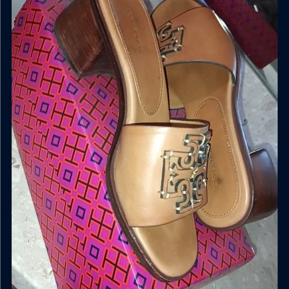 Tory Burch Tan Leather Block Heel Sandals